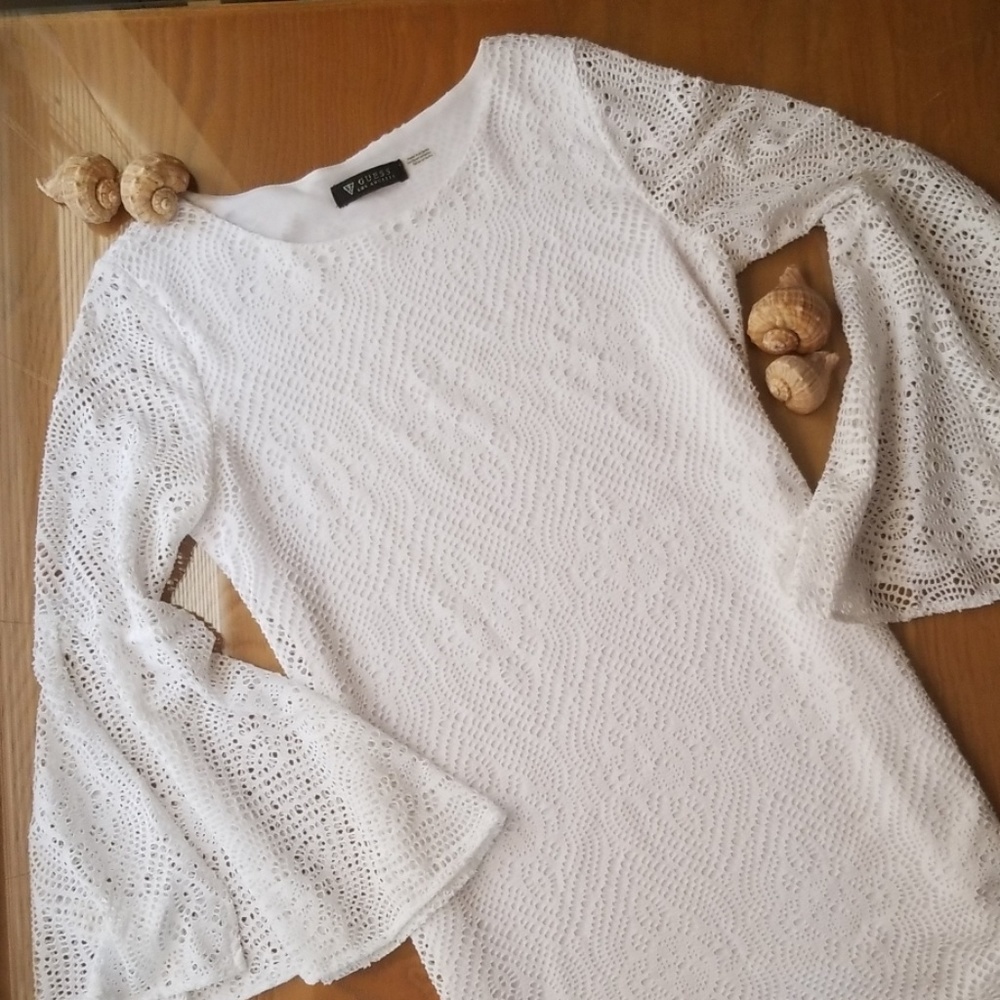 Guess Tunic Dress with Lace Overlay & Bell Sleeves